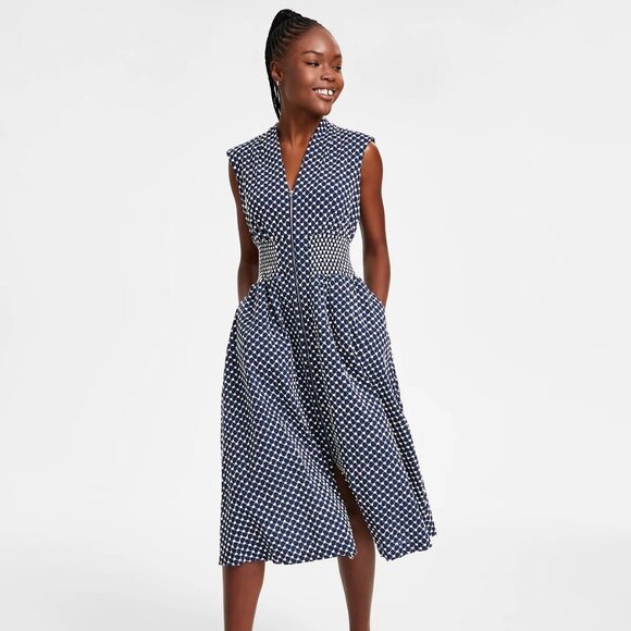 kensie Women's Embroidered Cotton Zip-Front Midi Dress Navy/White Size 0 - Picture 1 of 6